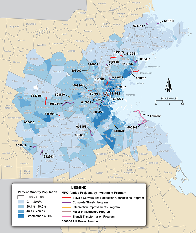 Figure B-1 is a map that shows the location of MPO projects funded in the FFYs 2026-30 TIP overlaid on the percent of the population in each census tract that identifies as a minority.